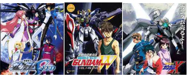 Gambar 1.2 Serial Anime Gundam: “(Sumber: http://www.kaskus.us/showthread.php?p=178053834&posted=1, 30 November 2012) Gundam Seed”, “Gundam Wing”, dan “Gundam X”  