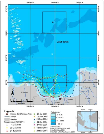Gambar 3. Lokasi Penelitian Teluk Jakarta. Kotak A dan B merupakan daerah  ekstraksi citra satelit Aqua-MODIS dan SeaWiFS level 3 dengan area 18 x 18 km (2 x 2 piksel)