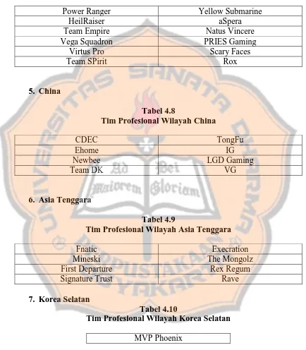 Tabel 4.8 Tim Profesional Wilayah China 