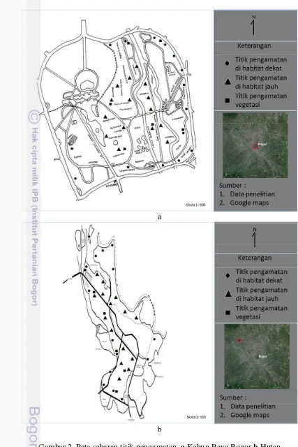 Gambar 2  Peta sebaran titik pengamatan. a Kebun Raya Bogor b Hutan 