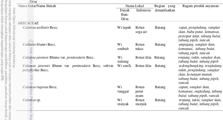 Tabel 4  Nama suku/nama ilmiah, nama lokal, dan bagian tumbuhan yang dimanfaatkan dalam produk anyaman di masyarakat Dayak Iban-