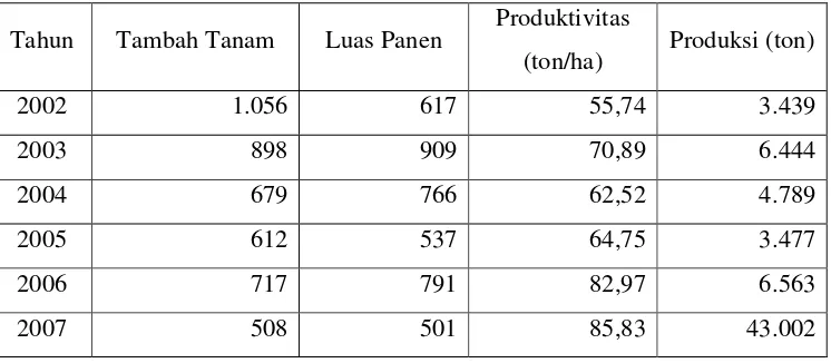 Tabel 3. Realisasi Luas Tanam, Panen, Produktivitas, dan Produksi Bawang Merah di Kabupaten Kuningan Tahun 2003-2007 