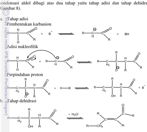 Gambar 8  Mekanisme Reaksi kondensasi aldol (Carey et al.1990).  Anion  enolat  dapat  bertindak  sebagai  nukleofilik  karbon,  anion  ini  akan  mengadisi secara reversibel pada gugus karbonil dari molekul aldehida atau keton  lain  dalam  reaksi  konden