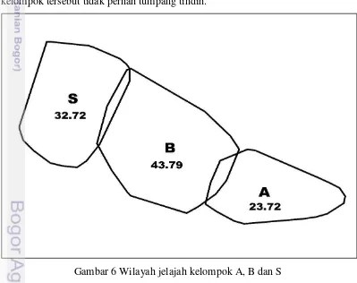Gambar 6 Wilayah jelajah kelompok A, B dan S  