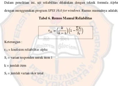 Tabel 6. Rumus Manual Reliabilitas  