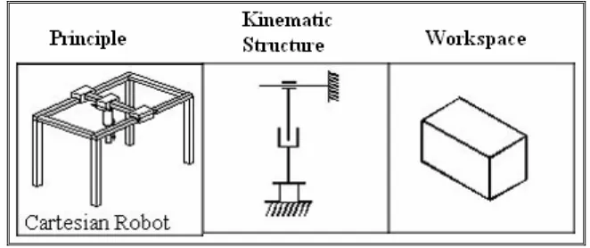 Figure 2.1: Principle, kinematics structure and workspace for Cartesian 