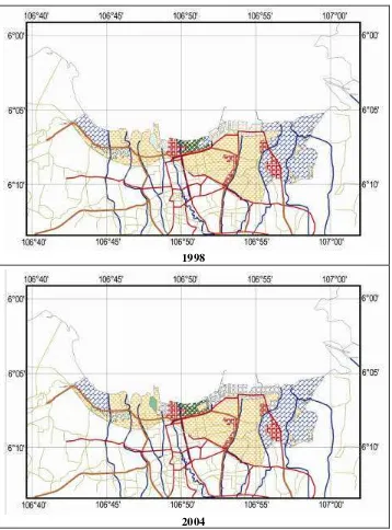 Gambar  10   Luas area darat Propinsi DKI Jakarta pada tahun 1998 dan 2004. 