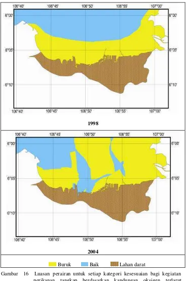 Gambar  16  Luasan perairan untuk setiap kategori kesesuaian bagi kegiatan perikanan tangkap berdasarkan kandungan oksigen terlarut (dissolved oxygen, DO) di Teluk Jakarta pada tahun 1998 dan 2004