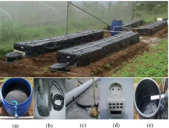 Gambar 13 Sistem hidroponik yang dibangun: tangki nutrisi (a), pompa air celup (b), selang emiter (c), timer (d), dan ember penampung (e) 