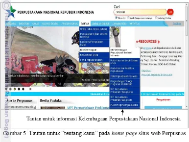 Gambar 5  Tautan untuk “tentang kami” pada home page situs web Perpusnas 