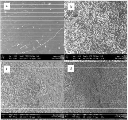 Figure 4: SEM fractographs using secondary electron at 500x magnification for (a) 0 phr (b) 20phr (c) 30 phr (d) 60 phr of alumina nanoparticles loading in ENR