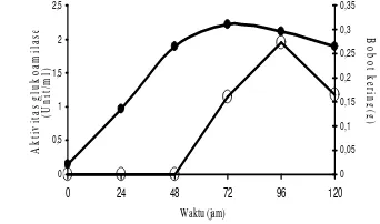 Gambar 2 Kurva pertumbuhan dan aktivitas glukoamilase A. niger (IPBCC 88.145) yang diinkubasi pada suhu 30 0 C; (●) bobot kering dan (о) aktivitas glukoamilase