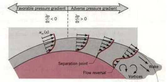 Figure 2.3: Velocity profile indicating flow separation on a cylinder in cross flow 