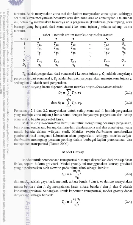 Tabel 1 Bentuk umum matriks origin-destination 