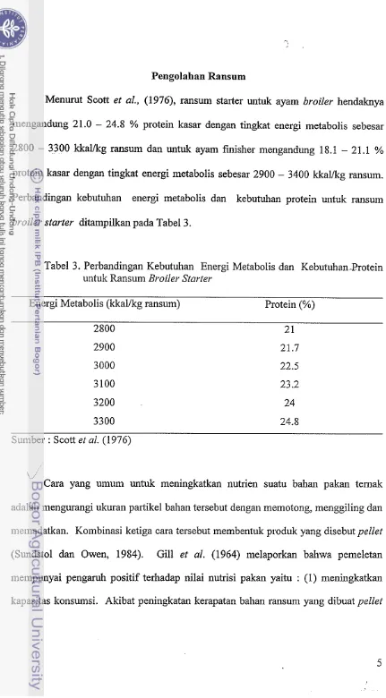 Tabel 3. Perbandingan Kebutuhan Energi Metabolis dan Kebutuhanzrotein 