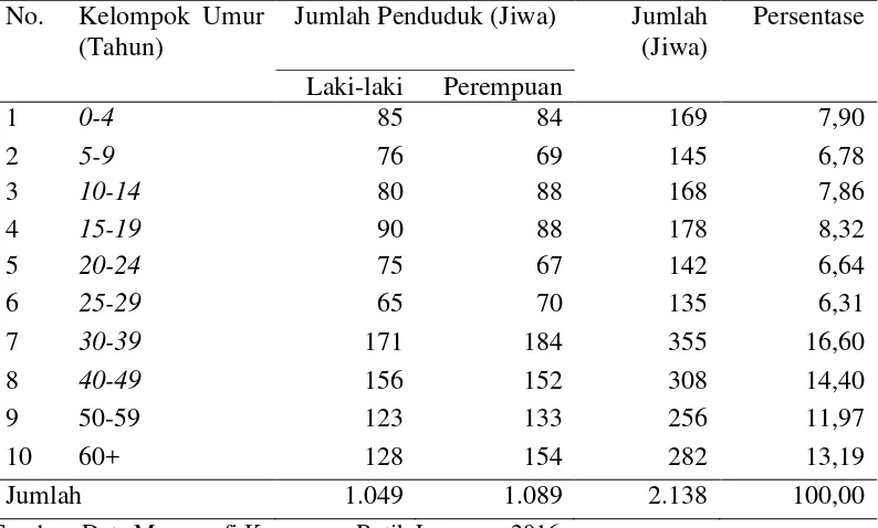 Tabel 8 Jumlah penduduk berdasarkan kelompok umur di Kampoeng Batik     Laweyan 2016 