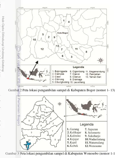 Gambar 2 Peta lokasi pengambilan sampel di Kabupaten Bogor (nomor 1- 13) 