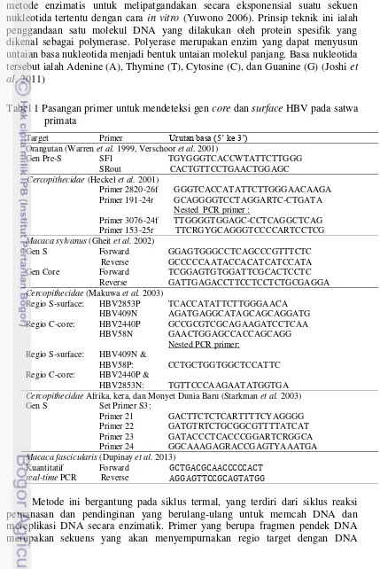 Tabel 1 Pasangan primer untuk mendeteksi gen core dan surface HBV pada satwa primata 