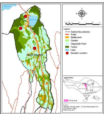 Figure 1. Geografic location of the area of vegetable farming in Baturiti district, Tabanan Regency, Bali Province, Indonesia 