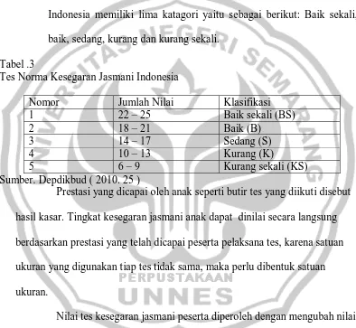 Tabel .3 Tes Norma Kesegaran Jasmani Indonesia 