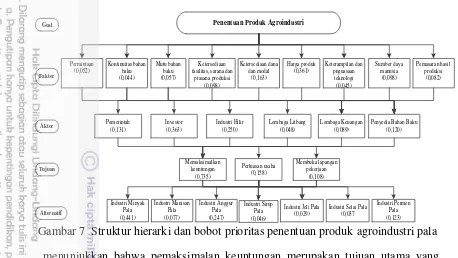 Gambar 7  Struktur hierarki dan bobot prioritas penentuan produk agroindustri pala 