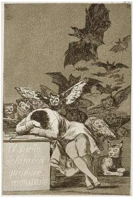 Plate 43, "Los Caprichos": Gambar : 3 The sleep of reason produces monsters 
