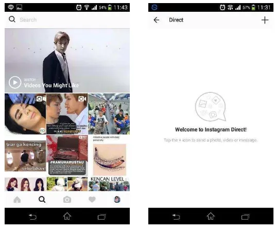 Gambar 2. 5 Tampilan instagram untuk explore dan direct instagram (versi android) 