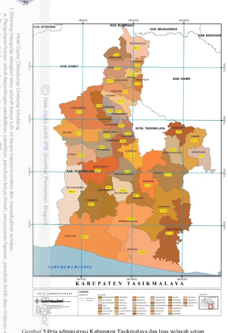 Gambar 3 Peta administrasi Kabupaten Tasikmalaya dan luas wilayah setiap 