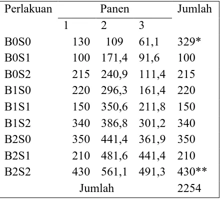 Tabel  Jumlah produktivitas (berat) tanaman cabai merah besar dengan 