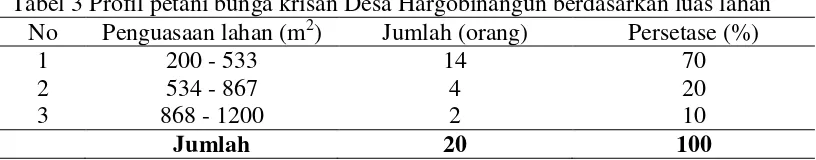 Tabel 3 Profil petani bunga krisan Desa Hargobinangun berdasarkan luas lahan 