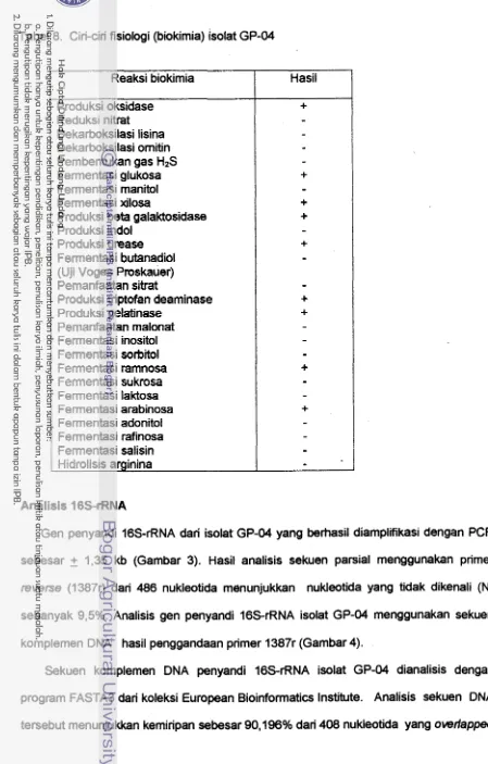 Tabel 8. Ciri-ciri fisiologi (biokimia) isolat GP-04 