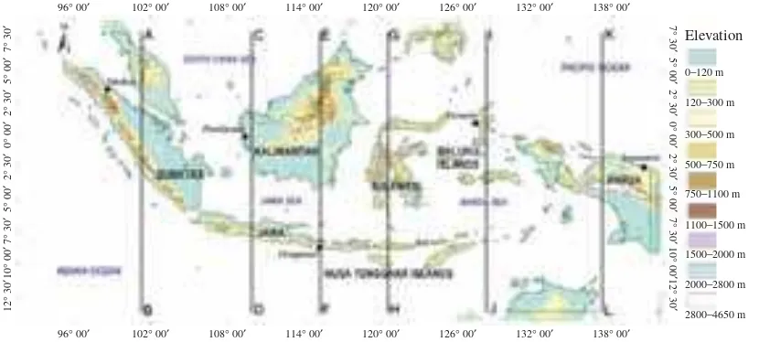 Figure 1.The study area and Indonesian topography. Lines A-B to K-L indicate the south–northcross sections used to compare values of rainfall and elevation