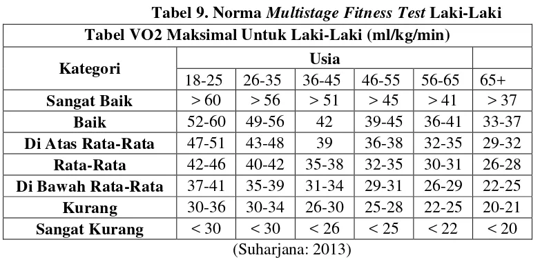 Tabel 9. Norma Multistage Fitness Test Laki-Laki 