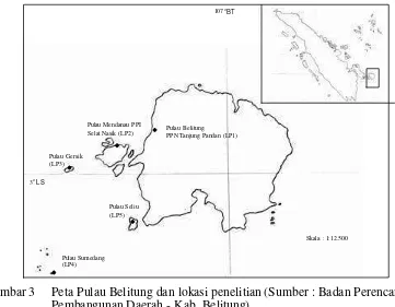 Gambar 3  Peta Pulau Belitung dan lokasi penelitian (Sumber : Badan Perencanaan 