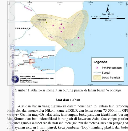 Gambar 1 Peta lokasi penelitian burung pantai di lahan basah Wonorejo 