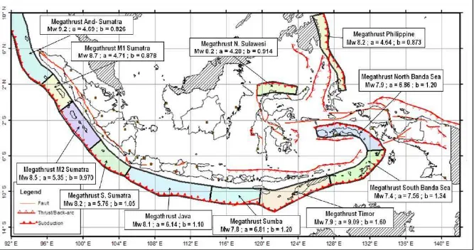 Gambar 5. Model segmentasi dan parameter sumber gempa subduksi (megathrust) wilayah Indonesia (Tim Revisi Peta Gempa Indonesia, 2010)