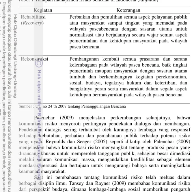 Tabel 1 Tahapan manajemen risiko bencana di Indonesia (lanjutan) 