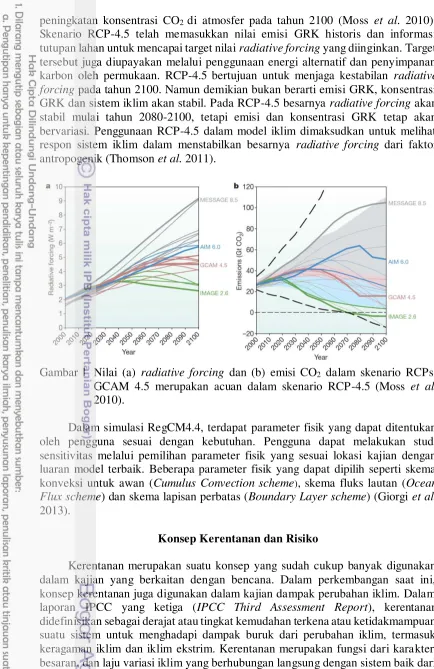 Gambar 1 Nilai (a)  radiative forcing dan (b) emisi CO2 dalam skenario RCPs. 