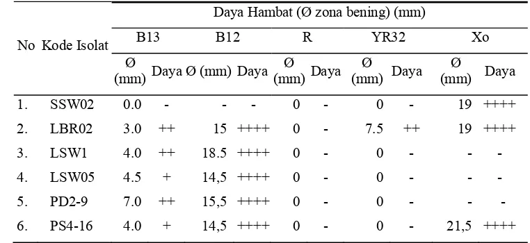 Tabel 5 Hasil uji antagonis filtrat kultur enam isolat Streptomyces spp. terhadap bakteri patogen 