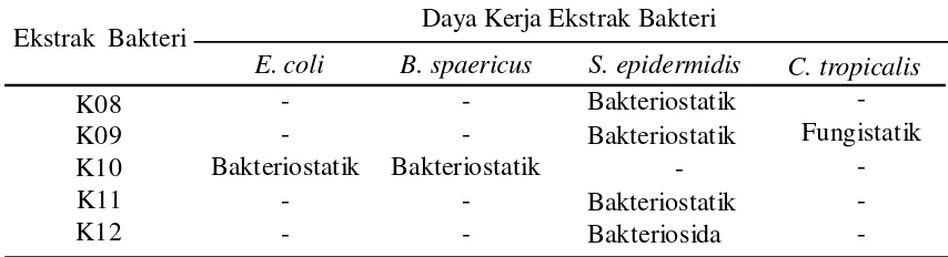 Tabel 5. Spektrum Kerja Antimikroba Ekstrak Bakteri berasosiasi dengan E. cottonii Doty