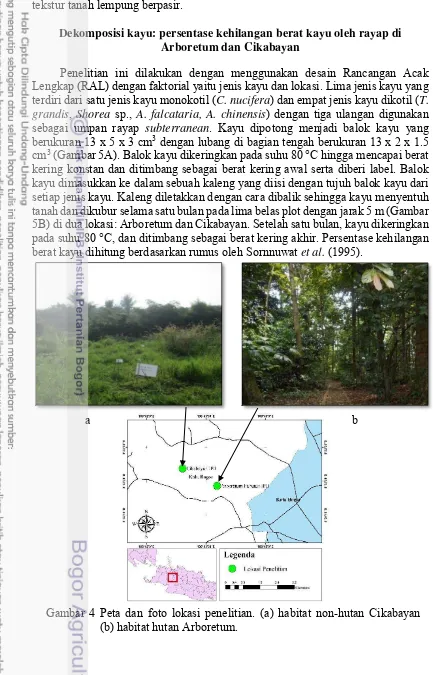 Gambar 4 Peta dan foto lokasi penelitian. (a) habitat non-hutan Cikabayan        