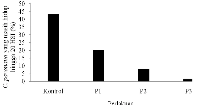 Gambar 5  Jumlah C. pavonana  yang mampu bertahan hidup hingga 20 HSI pada perlakuan kontrol, perlakuan 1 ekor S