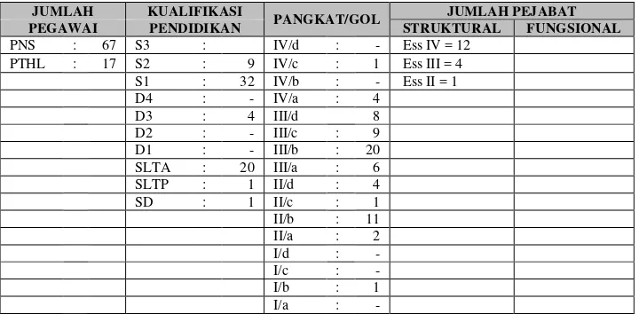 Tabel 4.1 Jumlah Pegawai, Kualifikasi Pendidikan, Pangkat/Golongan, Jumlah Pejabat Struktural dan Fungsional 