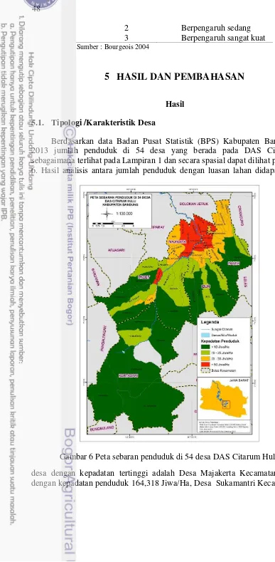 Gambar 6 Peta sebaran penduduk di 54 desa DAS Citarum Hulu 
