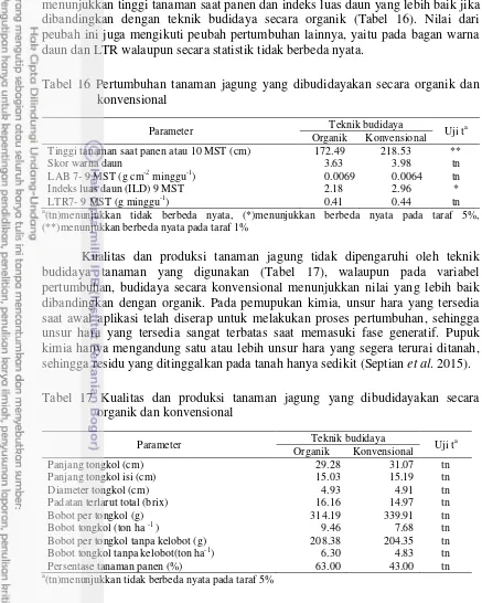 Tabel 16 Pertumbuhan tanaman jagung yang dibudidayakan secara organik dan 