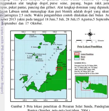 Gambar 3 Peta lokasi penelitian di Perairan Selat Sunda, Pandeglang, 