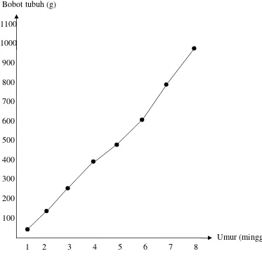 Gambar 1.  Kurva pertumbuhan itik mojosari x mojosari umur 0 – 8 minggu(Prasetya dan Susanti, 1997).