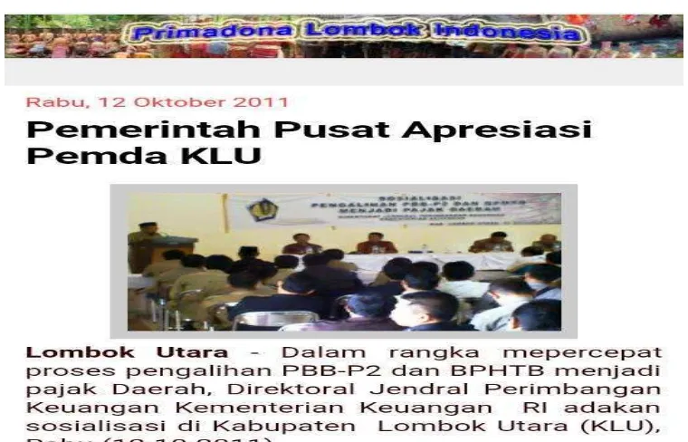Gambar 1.1 Informasi terkait penghargaan pemerintah daerah Kabupaten Lombok Utara 