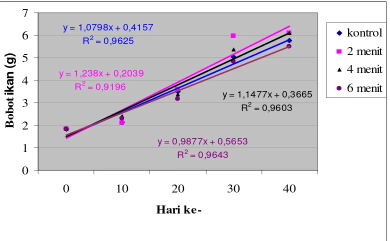 Gambar 2.  Grafik pengaruh paparan medan listrik 10 volt pada media bersalinitas dengan waktu pemaparan yang berbeda terhadap laju pertumbuhan bobot ikan gurame