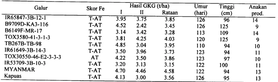 Tabel 5. Galur-galur generasi awal (F3) pada lahan keracunan Fe di Tarnanbogo Lampung, MT 1998/1999.
